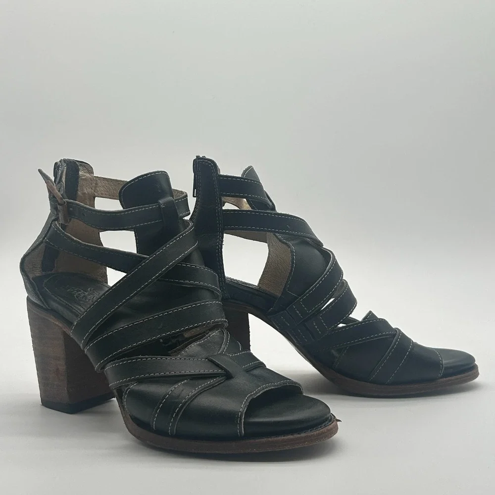 Freebird by Steven Claw Black Leather Strappy Gladiator Heeled Sandals Womens 9